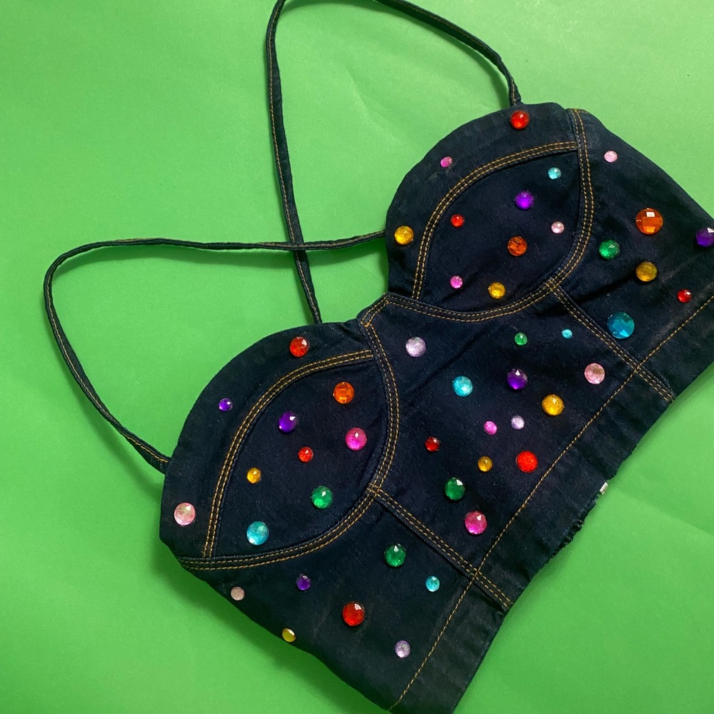 Colorful gem denim bustier top